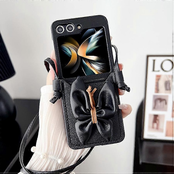 Sød Pigelig Butterfly Shockproof PU Læder Etui til Samsung Galaxy Z Flip 6 med Snøre Black