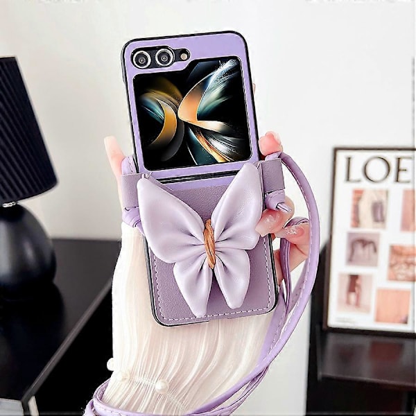 Sød Pigelig Butterfly Shockproof PU Læder Etui til Samsung Galaxy Z Flip 6 med Snøre Purple