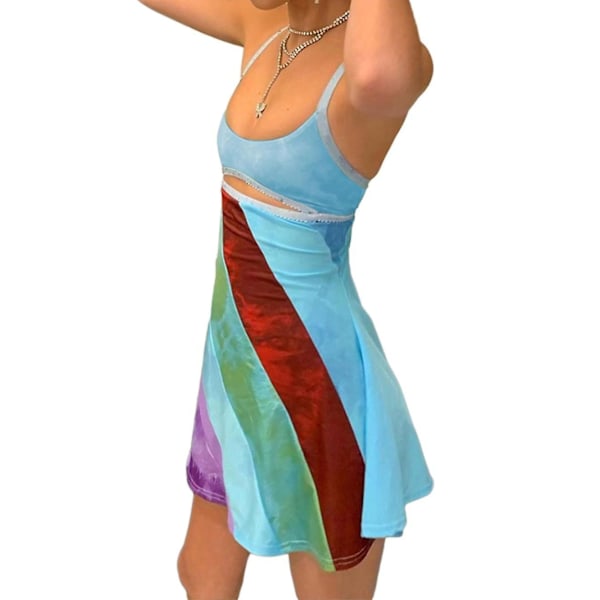 Vintage Cami Kjole Til Kvinder Retro Bodycon Mini Kjoler Mode Farverige Stribet Print Tilpasset Stropløs Kjole Fi Blue M