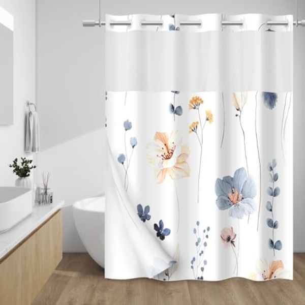 Duschdraperi med Knappbart Foder - Akvarell Blommönster Duschdraperi - Vattentätt Tyg Inre Foder, Växter Blå Beige