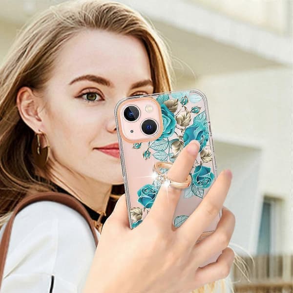 Ring IMD Blomster TPU Telefon Cover til iPhone 14 Plus Blue Rose