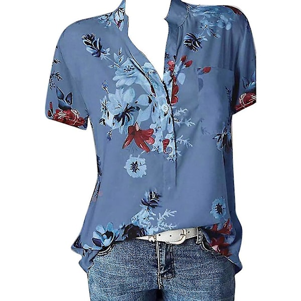 Blommiga toppar för kvinnor 2023 Button Down Mode Casual Lång-/kortärmade skjortor Blus Blue X-Large