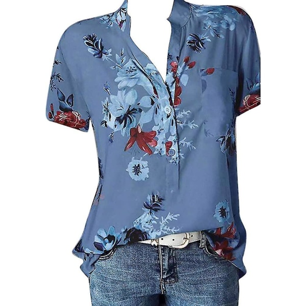 Blomstertoppe til kvinder 2023 Button Down Fashion Casual skjorter med lange/korte ærmer Bluse Blue Medium