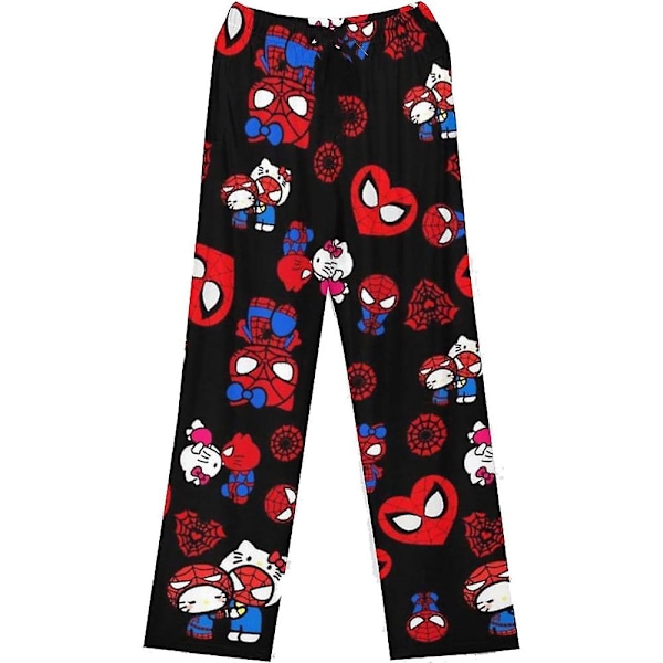 Koselige Pyjamasbukser for Kvinner og Jenter med Tegneserie-Trykk - Søt Kitty Cat, Spiderman og Mer Black Kitty M