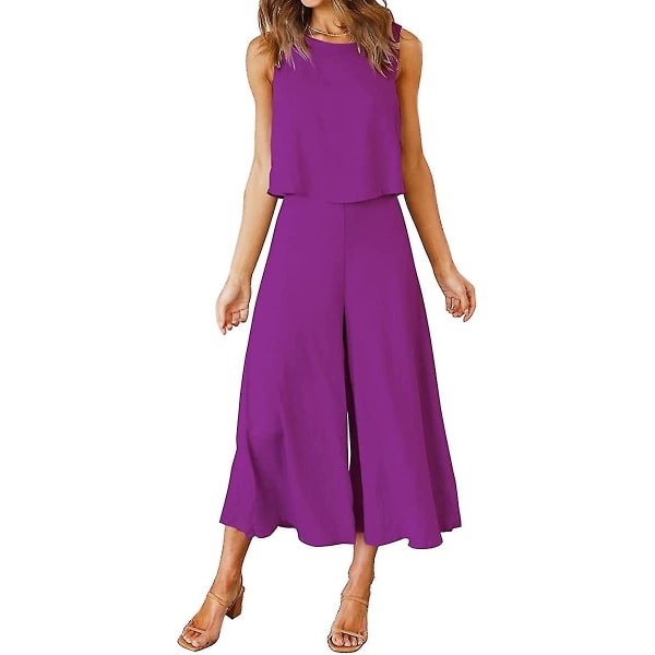 Roylamp Sommer-outfits til kvinder i 2 dele Rundhalset Crop Basic Top Beskåret Bukser med brede ben, Jumpsuits Purple Small