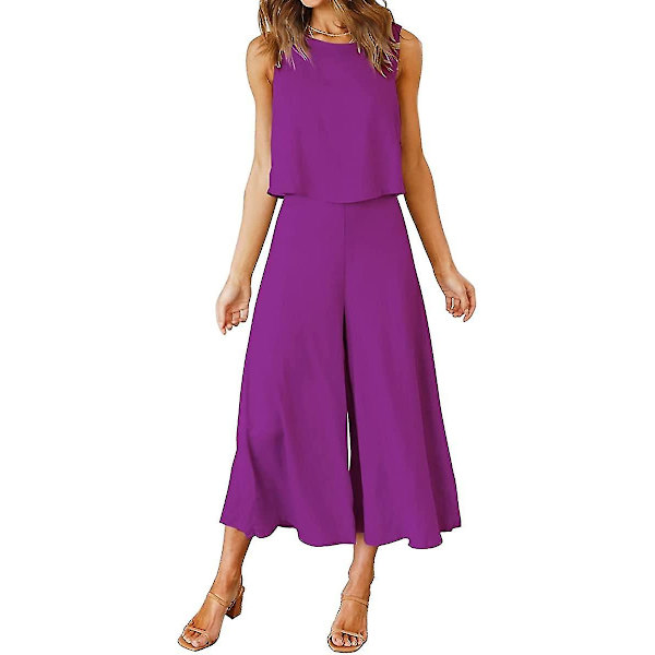 Roylamp Sommer-outfits til kvinder i 2 dele Rundhalset Crop Basic Top Beskåret Bukser med brede ben, Jumpsuits Purple X-Small