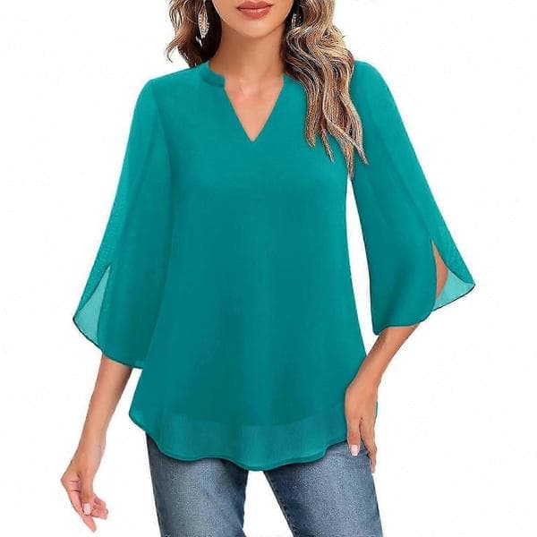 Dame Flæsebluser Afslappet V-hals Dobbeltlag Chiffon 3/4 Ærmer Toppe Sort Blue XXL