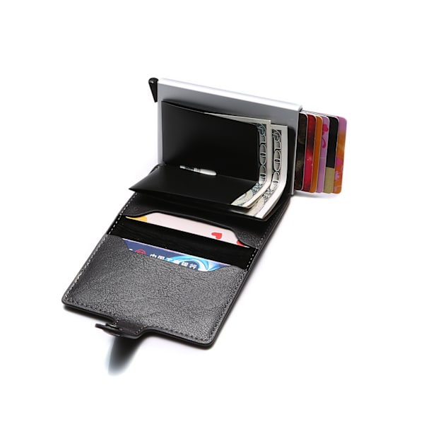 Kreditkortshållare RFID-blockerande läder automatisk popup-plånbok aluminium smal ficka bifold visitkortsfodral med knapp black