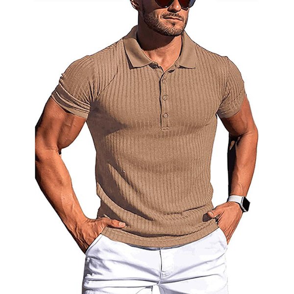 Sommer sports fitness fritid elastisk jakkeslag vertikalstripet kortermet POLO-skjorte for menn Khaki XL