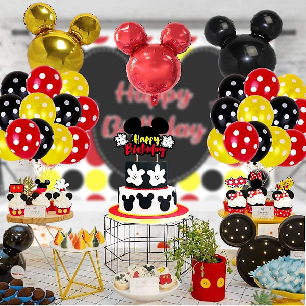 33 stk Mickey-festballonger, 12 tommers lateks 24 tommers aluminiumsfilmballonger, røde, svarte og gule ballonger til barnebursdagsfester