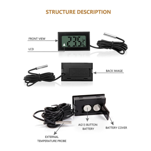 Digital LCD-termometer temperaturmätare med vattentät sensorsond black