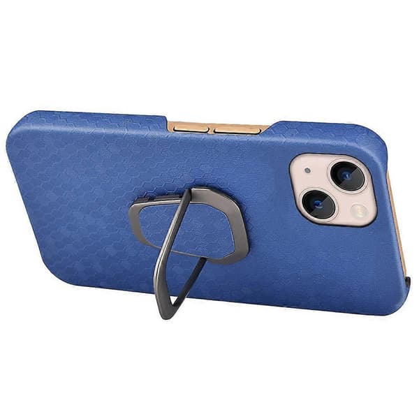 For iPhone 14 Plus Ringholder Honeycomb PU Telefondeksel Navy Blue
