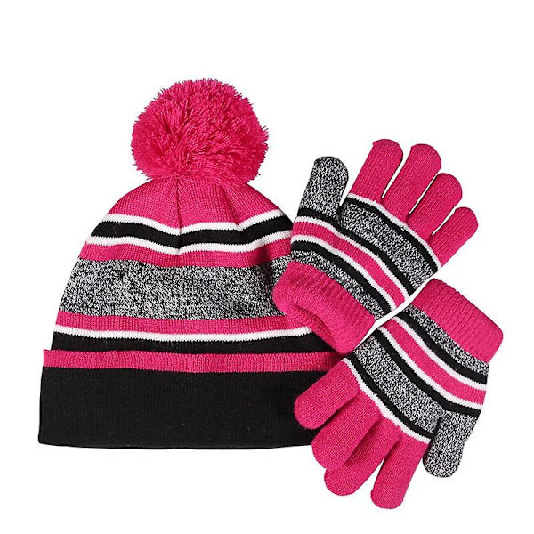 Handskar Tvådelad Set Vinter Fleecefodrad Varm Barn Femfingrade Stickade Kalltålig Brittisk Hatt Purplish red Average size