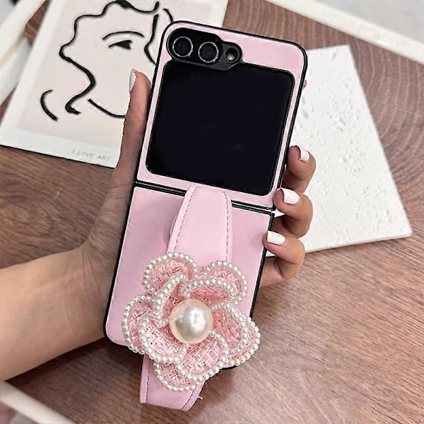 Til Samsung Galaxy Z Flip 6 Etui med Perleblomst Håndledsrem, Ultra Tynd Slank Læder Robust Stødsikker Cover til Kvinder Dame Piger Pink For Galaxy Z Flip 6