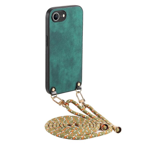 Retro læder telefoncover til iPhone 16e med justerbar rem - Multicolor Green