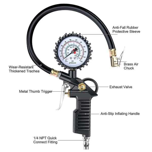 Däcktrycksmätare 220 Psi Däckpump Med Ventilkärnverktyg Luftkompressor För Bil Motorcykel