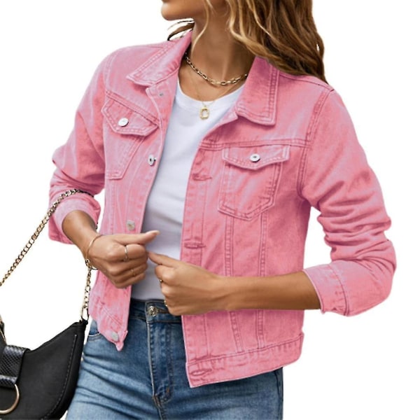 Naisten napillinen pitkähihainen lyhennetty farkkutakki taskuilla Pink L