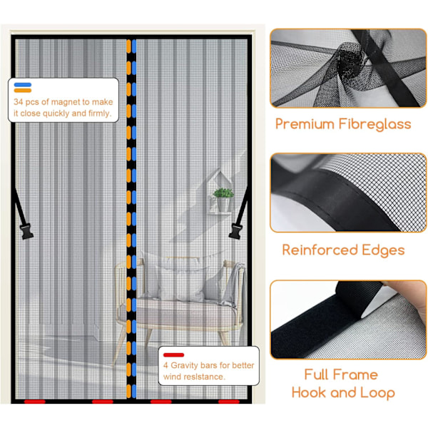 Magnetiske DørgardinerMagnetisk Dørgardin Fluenet Anti Myg Netgardin med Kraftige Magneter og Fuldramme Magisk Tape Op til 90 cm x 210 cm