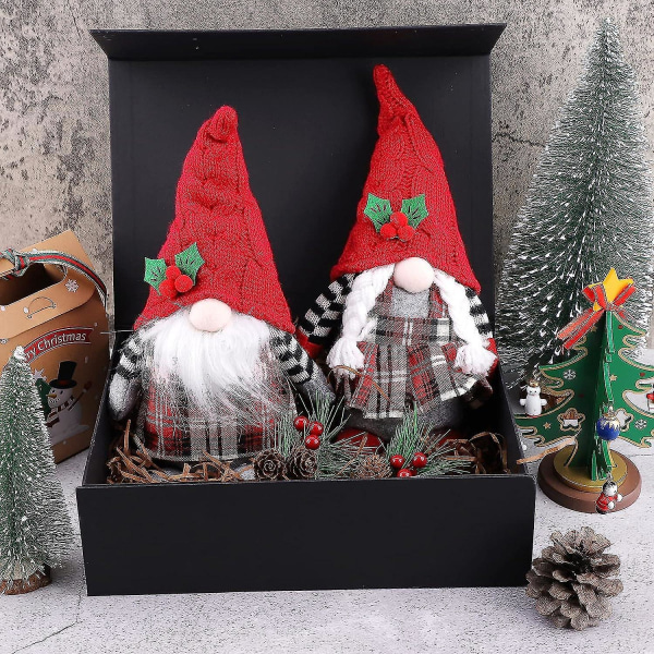 Sæt med 2 julerøde plaid plysstrikkede julemandsdukker, 11,8 tommer Xmas Gonk Dværg Elf røde bær dekorationspynt, stående, gaver, ornamenter
