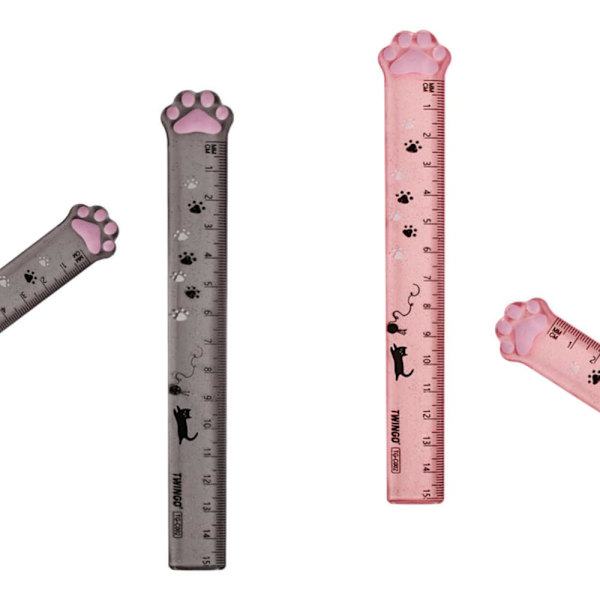 2-pakning plastlinjal, rett linjal, søte tegneseriekatter, klolinjal, plastmåleverktøy for student, skole, kontor, 6 tommer grå og rosa
