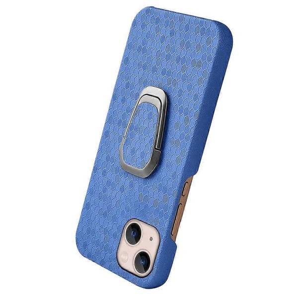 For iPhone 14 Plus Ringholder Honeycomb PU Telefondeksel Navy Blue