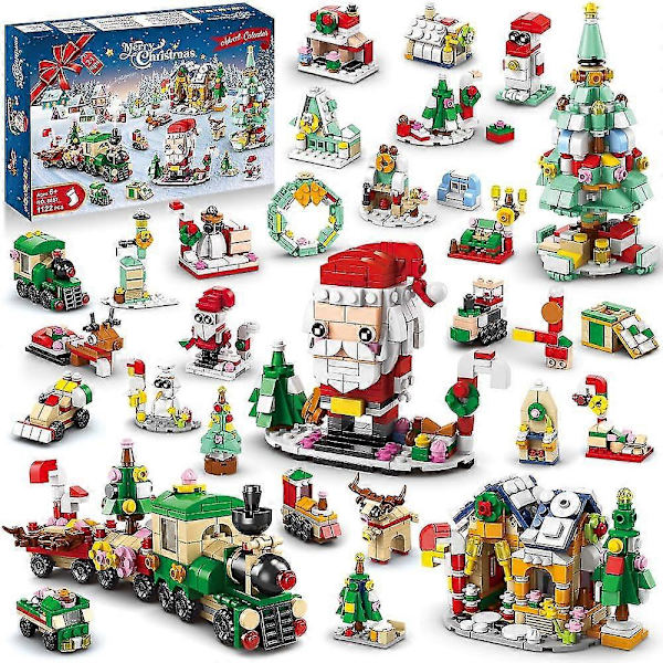 Julkalender Byggset - 2023 Nedräkningsspelset 24 Samlarföremål Julleksaker Inkluderar Tomte Julgran Tåg Hus Klossar