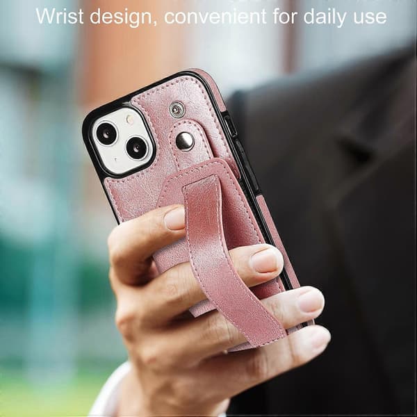 Telefondeksel med håndleddsstroppholder for iPhone 14 Rose Gold