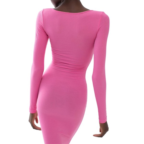 Naisten neliömäinen pitkähihainen mekko Yksivärinen Neulottu Ribbed Bodycon Mekko Juhlamekko Pink L