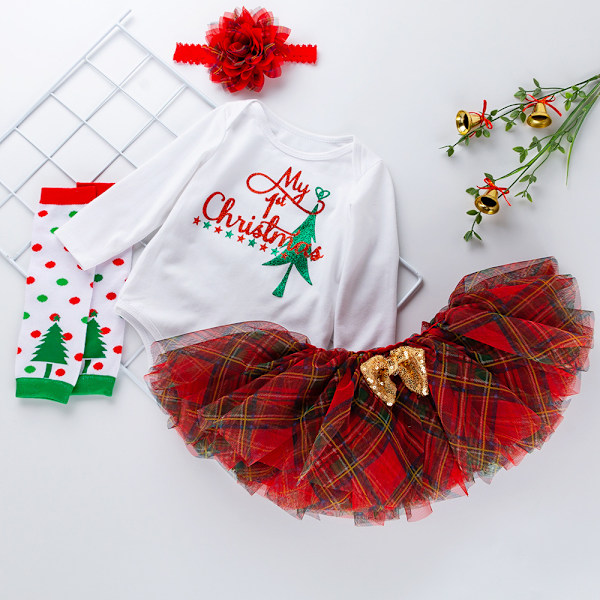 Julbarnkläder Julklapp Baby Långärmad Romper Röd Rutiga Mesh Kjolar Fyra-Delar Set - 12-24 Månader 12-24 months