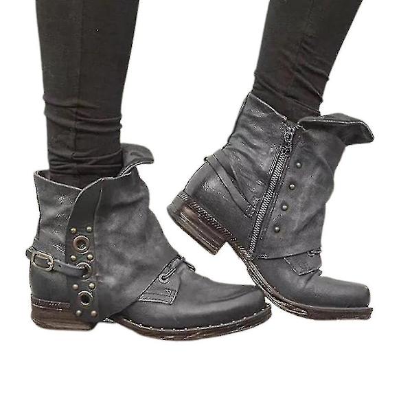 Naisten Retro Biker Saappaat Nilkkurit Block Heel Vetoketju casual kengät Grey 43