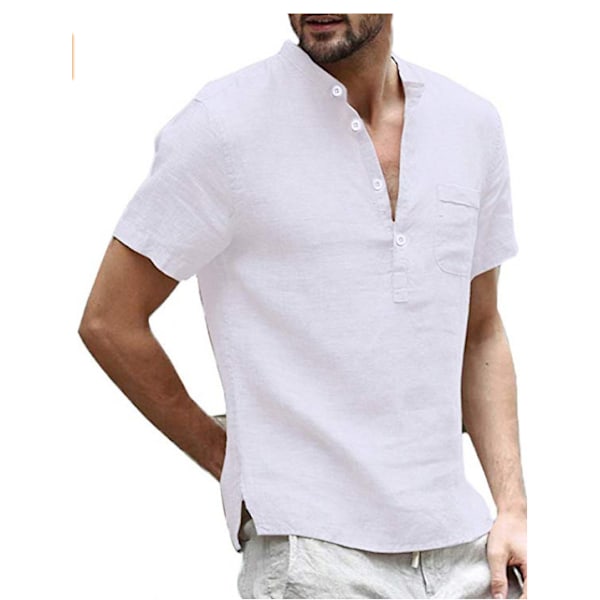 Ny bomulds- og linned kortærmet herre T-shirt stand-up krave knaplukning halvåben simpel kortærmet skjorte White XXL