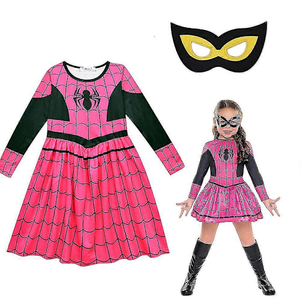 Barnflickor Spindeltryck Långärmad Halloween Rundhalsklänning Outfit Med Mask Prestanda Kostym 7-8 Years