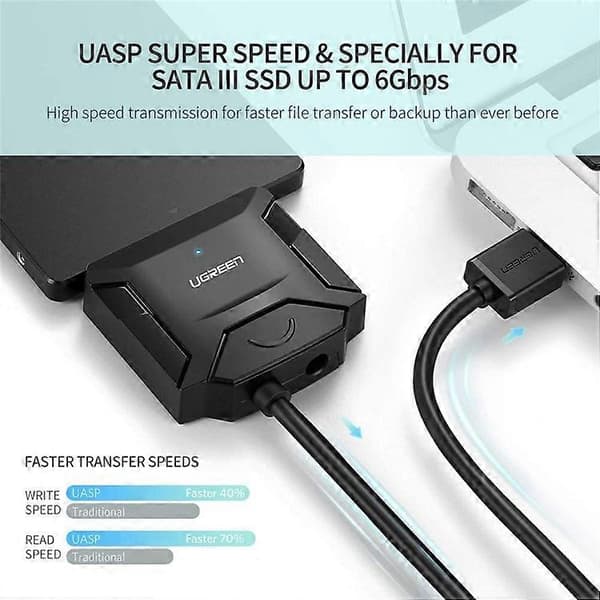 UGREEN 20231 SATA–USB 3.0 -sovitinkaapeli 3,5 / 2,5 tuuman SSD- ja HDD-SATA III -kiintolevyille MultiColor