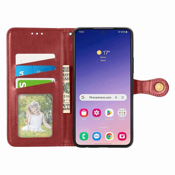Telefonfodral för Samsung Galaxy S25, Läderfodral Plånboksställ med handledsrem Red