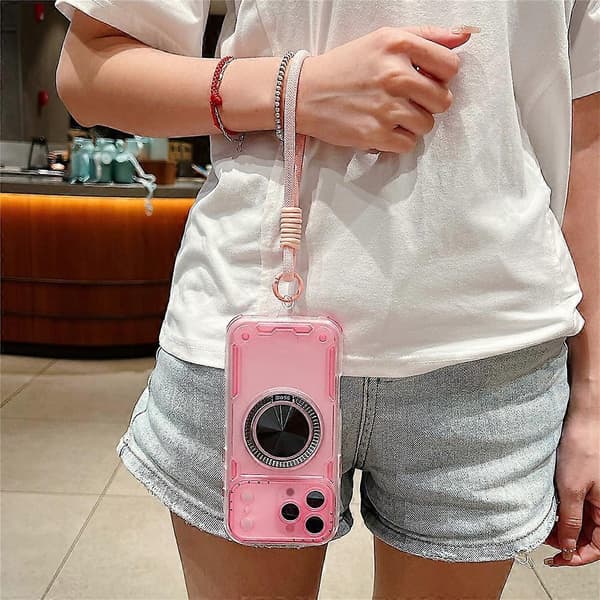 Kompatibel med iPhone 17 Pro Max-deksel Ringstativ PC + TPU Støtsikkert telefonbakdeksel med håndstropp Pink