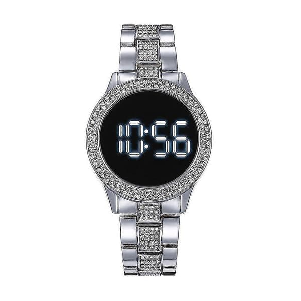 LED-klocka i rostfritt stål, dubbel rad, strass, multifunktion, magnetiskt spänne, digital klocka Silver