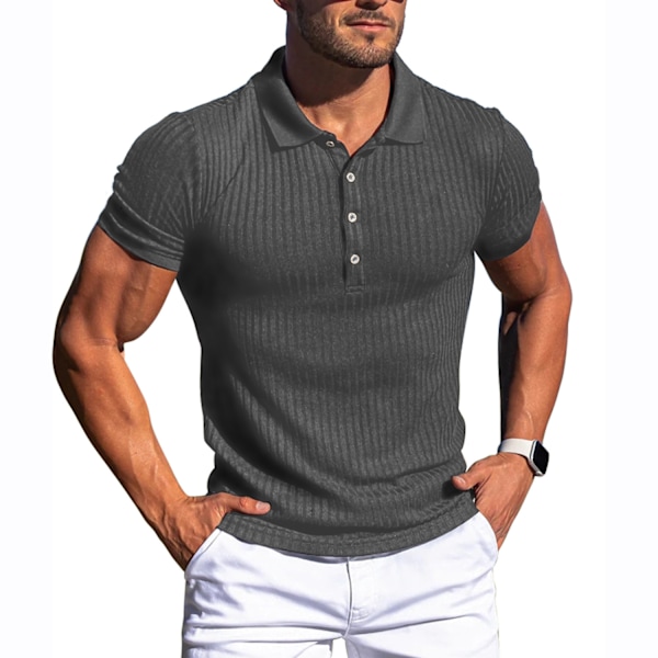 Sommar sport fitness fritid elastisk krage vertikalrandig kortärmad PIKÉtröja för män Dark Gray L