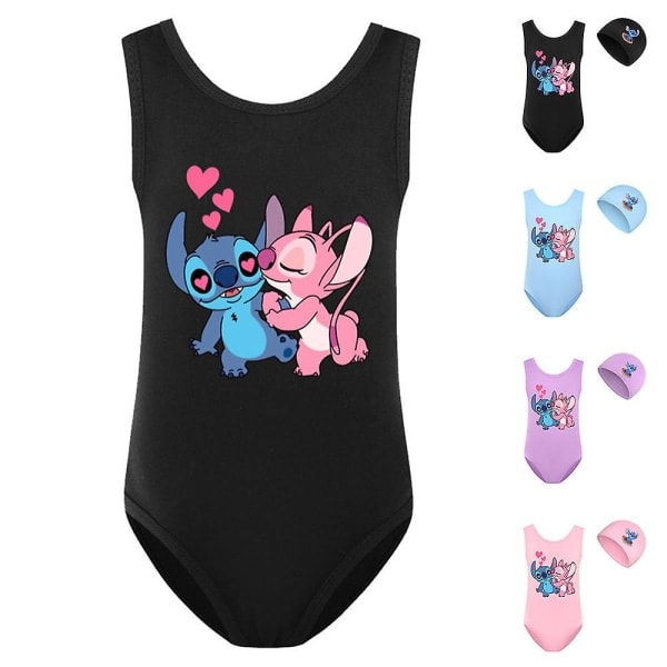 Lilo & Stitch Barne Bikini for Jenter, Tegneserie, Ett Stykke, med Lue, for Sommerstrand, Ferie, Basseng, Surf, Svart, 11-12 År Svart Black 11-12Years