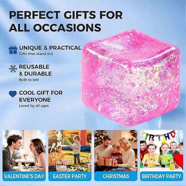 Ice Cube Squishy Fidgetleksak, Långsamt Stigande Klämbar Sensorisk Leksak Stressboll för Ångestlindring Rosa-Glitter Pink