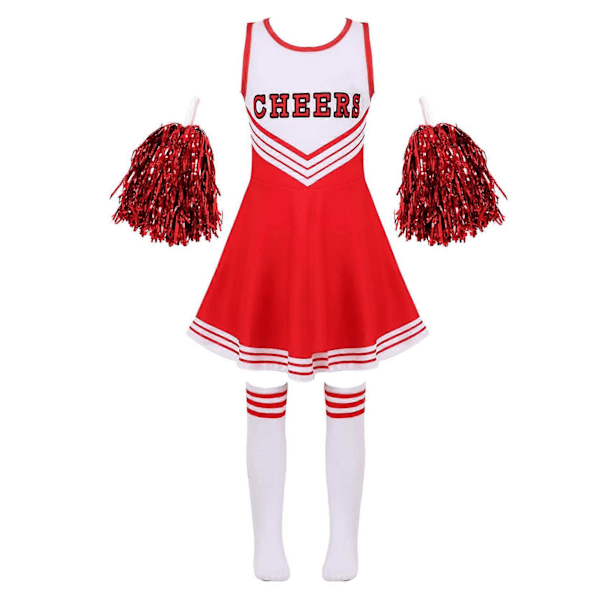 Tyttöjen cheerleading-asu tanssipuku lasten cheerleader-asu pyöreällä pääntiellä tilkkutyylinen tanssimekko kukka ja sukat red 7-8 Years