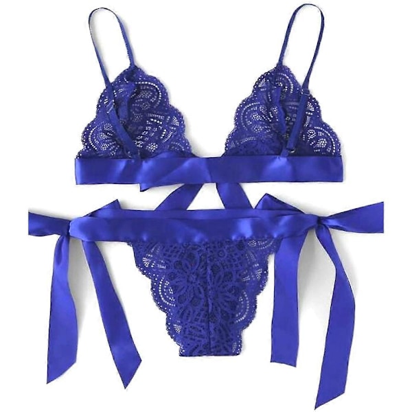 Dam Lace Lingerie Set Sexig Nattkläder Sleepwear BH + T-String Underkläder Blue M