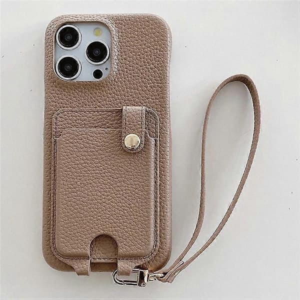 Fodral för iPhone 16 Pro Max, multifunktionella kortfack, läderbaksida med handledsrem Light Brown