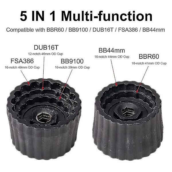5 i 1 sykkel kranklagerverktøy 12/16- 39/41/44/46/49mm for Bbr60, Bb9100, Sram Dub 16t, Fsa386, Ho