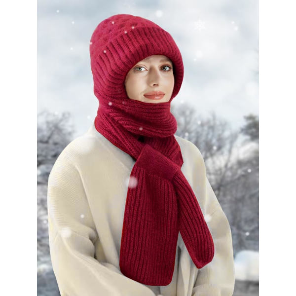 Beaniehatt med Integrerat Öron- och Vindskydd, Elastisk Stickad Tjock Varm Sammansatt Vinter Wine Red