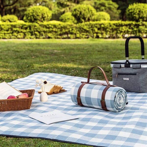 (Blå, 200cm) Läder Picknickfilt för Utomhusbruk, Campingfilt, Strandfilt, Färgglad Rutig Rektangulär Sl