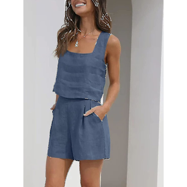 Naisten 2-osaiset asut yhteensopivat setit, pellavashortsit Crop Topit set Navy blue XL