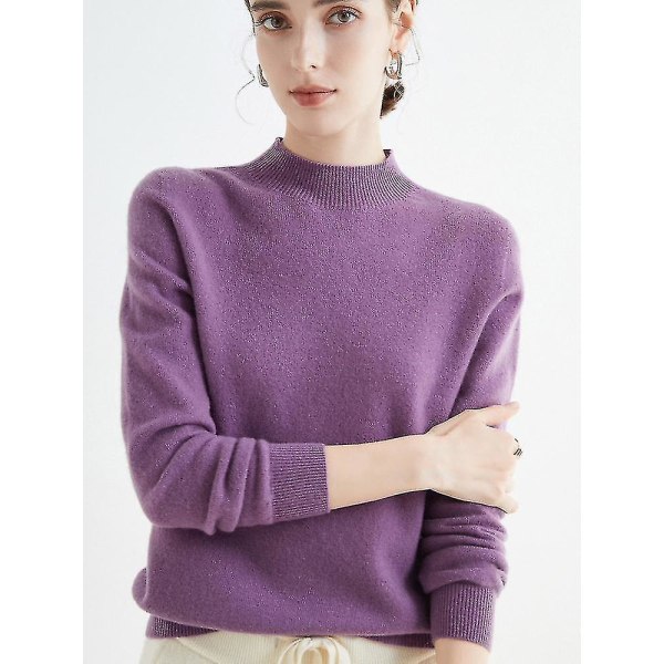 Cashmere tröja för kvinnor 100 % Cashmere Lätt långärmad stickad tröja med rund hals Deep purple L