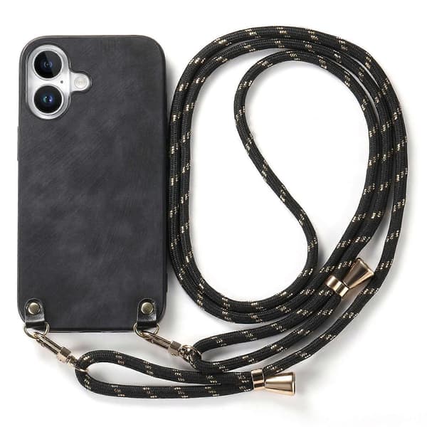 Retro Läder Skal för iPhone 16 med Justerbar Rem Black