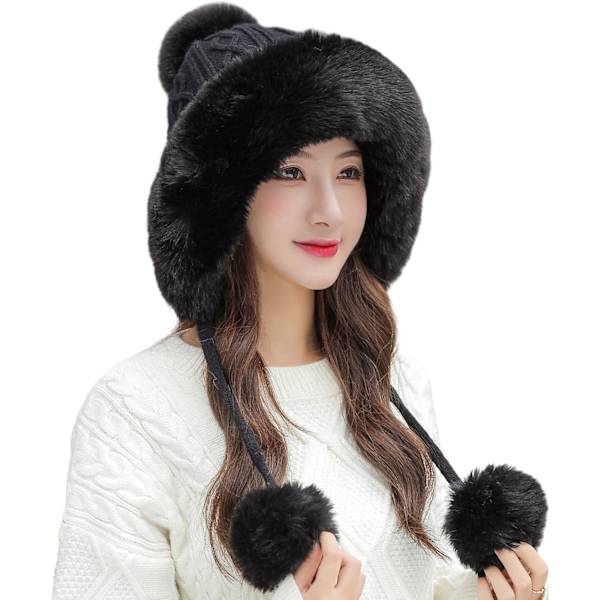 Dam vinter Peruvian öronbeklädnad Beanie Hat Öronklaffar Sherpa Skidmössa Stickad Fleecefodrad 3 Pom A1-m1399-black One Size