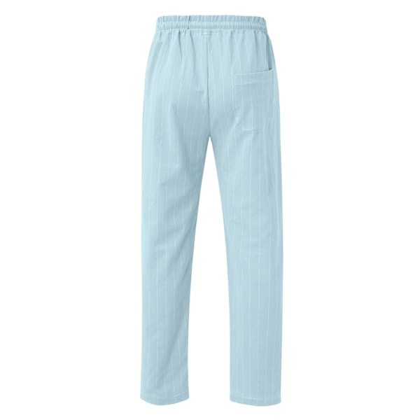 Nya Herr Vertikalrandiga Dragsko Elastisk Midja Bomull och Linne Strandbyxor Casual Byxor Sky blue L